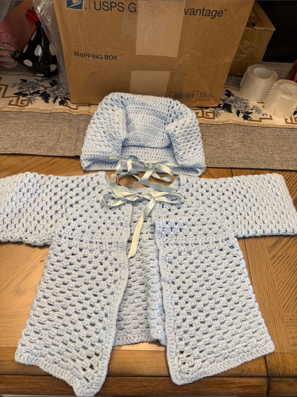 Handmade Light Blue Crochet Baby Matching Set with Hood